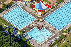 Outdoor pool mountains, bathers