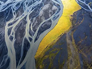 Overgrown river landscape, drone shot