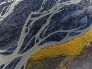 Overgrown river landscape, drone shot