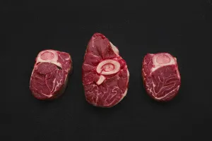 Overhead view of tree raw beef shank cross cut