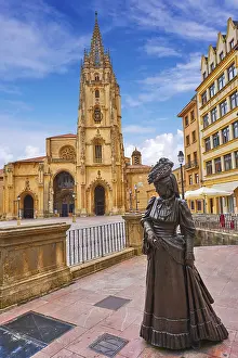 Oviedo Cathedral and Regenta statue in Asturias of Spain