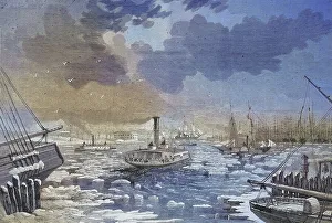 Pack ice obstructs shipping traffic in New York harbour in 1869