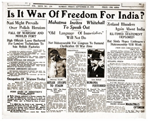 Front page of Bombay newspaper about Mahatma Gandhi, Bombay, India, Asia, September 29, 1939, Asia