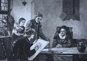Painter making a picture of the grandmother in her farmhouse parlour