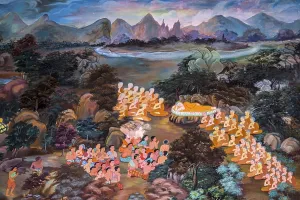 Paintings of village scenes with Buddha in Thailand