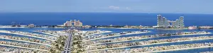 The Palm Jumeirah with Atlantis Hotels panorama artificial island from above in Dubai