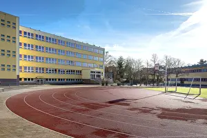 Pankow school with schoolyard and sports field during the Corona Lockdown