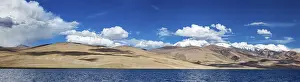 Panorama of Himalayan lake Tso Moriri (official name) (Tsomoriri Wetland Conservation Reserve) in Himalayas