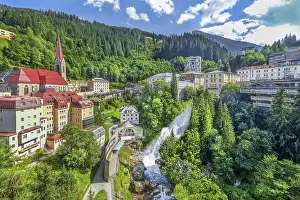 Panorama of the historic town centre with waterfall of the Gasteiner Ache