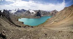 Panorama of lake and mountains of Kyrgyzstan