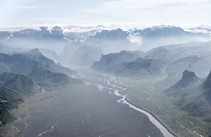 Panorama, mountains and glacier river in a mountain valley
