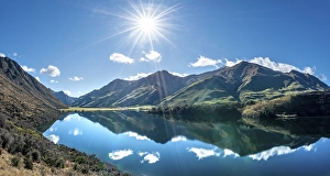 Panorama, mountains reflected in a lake