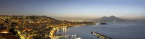 Panorama of Naples with the Gulf and the famous Mount Vesuvius in front of sunrise