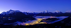 Panorama photo, fog in the valley basin of Berchtesgaden