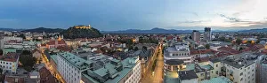 A panorama picture of Ljubljana overlooked by the Ljubljana Castle at sunset