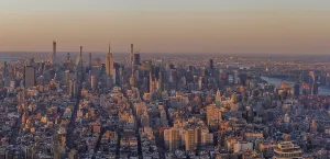 A panorama picture of New York as seen from the One World Observatory at sunset