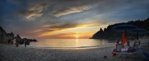 Panorama on the sandy beach and bay Capo Vaticano at sunset