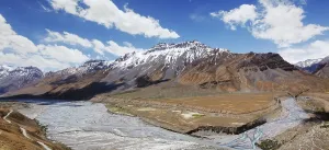 Panorama of Spiti Valley with Spiti river in Himalayas mountains
