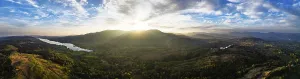 Panorama of Sunset over Mountains and Coniston Water from drone