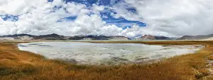 Panorama of Tso Kar, fluctuating salt lake in Himalayas