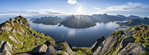 Panorama, view of Fjord Raftsund and mountains in the evening light