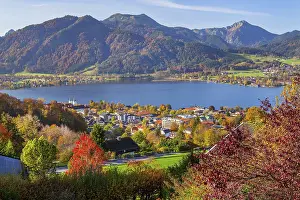 Panorama of village and lake in autumn