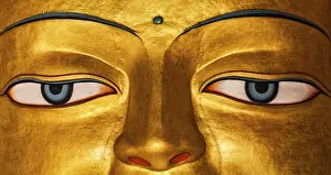 Panoramic image of Sakyamuni Buddha statue face close up in Shey gompa (Tibetan Buddhist monastery)