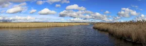 Panoramic photo of Lake Federsee lake with blue sky and white clouds