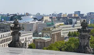Panoramic view over Berlin with the Brandenburg Tor and modern buildings in the background