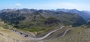 Panoramic view from Cime de la Bonette to the south on high alpine mountain landscape