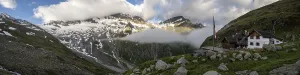 Panoramic view, Furtschaglhaus with mountains in clouds