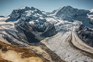 Panoramic view of the Gorner Glacier and Monte Rosa mountain range in Switzerland