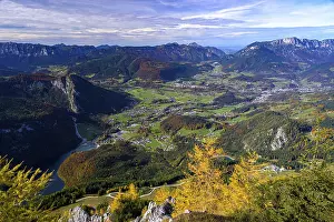 Framed Print : Panoramic view of a green valley with autumnal mountains Framed Print : Panoramic view of a green valley with autumnal mountains