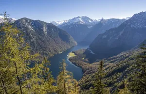 Panoramic view of the Koenigssee from the Archenkanzel viewpoint