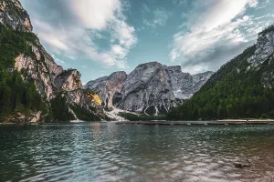 Panoramic view of Lake Braies in the Dolomites