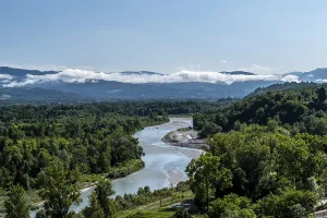 Framed Print : Panoramic view of the Piave and the surrounding mountain landscape Framed Print : Panoramic view of the Piave and the surrounding mountain landscape