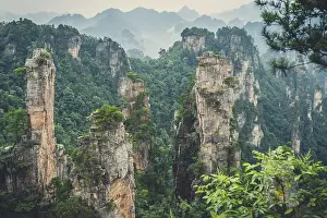 Panoramic view of the stone pillars of Tianzi mountains in Zhangjiajie National park