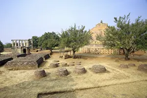 Panoramic view of stupa 1 with smaller stupas and temples and prayer hall on southern side Sanchi near Bhopal