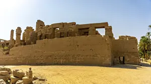 Panoramic view of the temple of columns with hieroglyphs inside the temple of Karnak