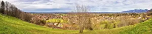 Panoramic view of a village with green meadows and trees