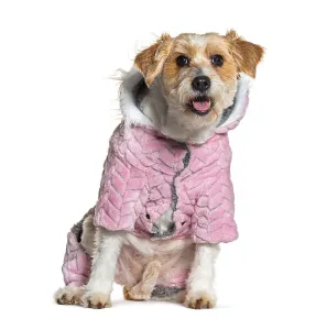 Panting Mongrel dog wearing a pink coat