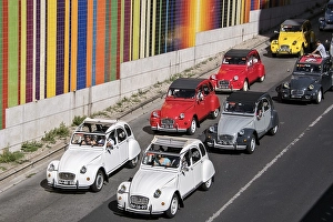 Parade of vintage cars, colorful Citroen 2CV for the 70th birthday of the car
