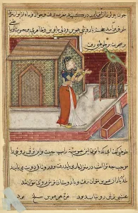 The parrot addresses Khujasta at the beginning of the forty-ninth night