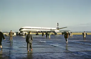 Passengers board the BOAC British Overseas Airways Corporation, De Havilland 106 Comet 4 jet aircraft, G APDB, early 1960s