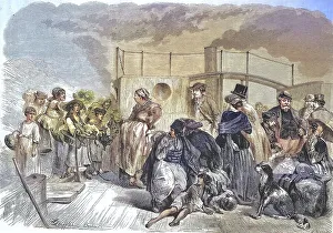 Passengers on the deck of a steamboat on the Danube near Budapest