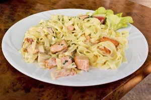 Pasta, tagliatelle with salmon