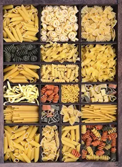Pasta, various types of pasta in a type case
