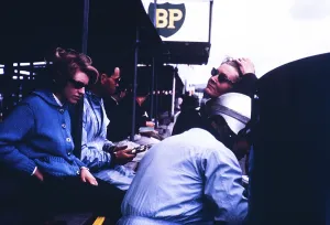 Pat Coundley and Mary de Selincourt, John Coundley in helmet, Goodwood BARC race on 18 May 1963, John Coundley Racing Partnership