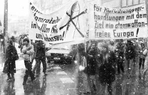 Peace movement demonstrates against missile bases despite heavy snowfall in December 1981