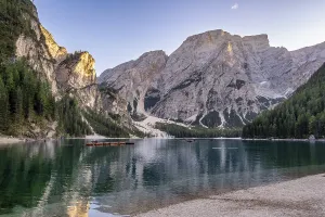 Peaceful alpine lake Braies in Dolomites mountains